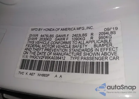 2019 Honda Accord Touring 2.0T z USA, uszkodzony, nr VIN 1HGCV2F95KA036412